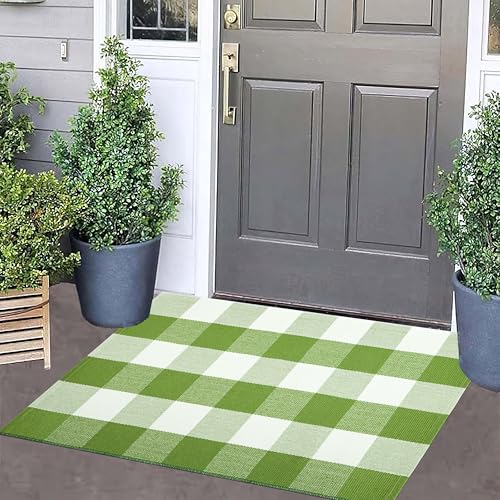 Layered Doormat 24''x35'' Green and White Buffalo Plaid Porch Mat Cotton Woven Washable Carpet for Layered Doormat Hello/Welcome Door Mat,Kitchen,Farmhouse,Entryway - color: Green Buffalo, size: 24''x 35''