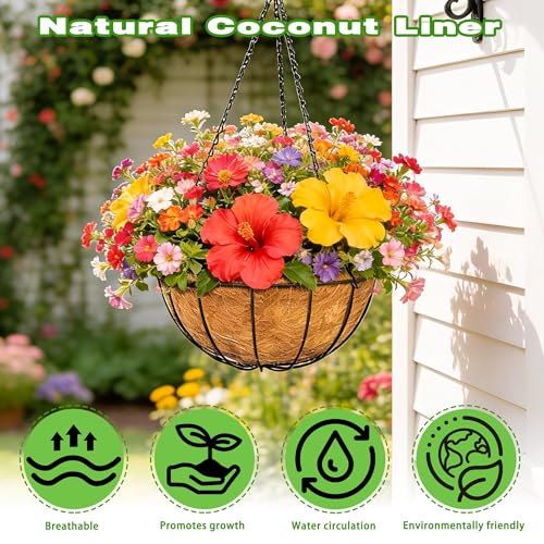2 Pack 12 Inch Black Metal Hanging Basket Hanging Planter with Coco Coir Liner Heavy Duty Hanging Flower Pot Holder for Indoor Outdoor Patio Garden Porch Balcony Decor (Watermelon) - color: Watermelon