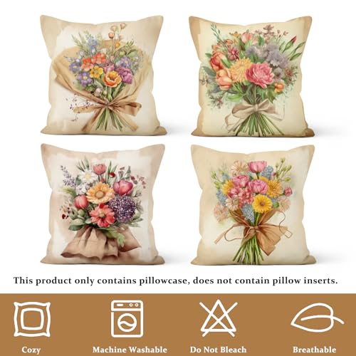 Vintage Bouquet Throw Pillow Covers, Colorful Flower Floral Decorative Pillow case, 4-Pack Double-Side Printed Pillowcases for Sofa and Living Room, 16x16 in - color: 24, size: 16" x 16" (Pack of 4)