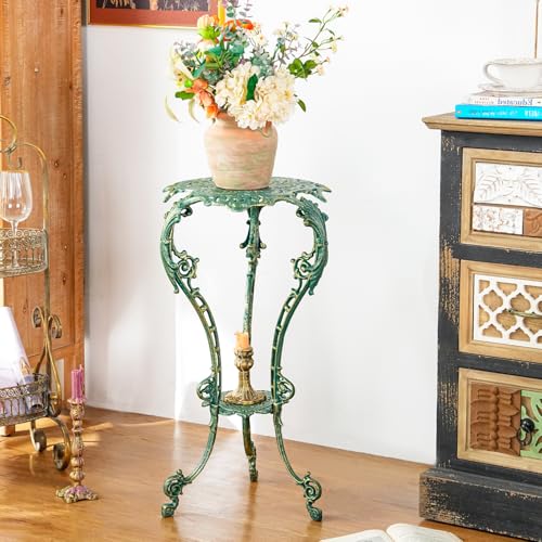 Sungmor Vintage Cast Iron Plant Stand - Ornate Green Pedestal Table for Indoor Outdoor Garden, 27.5" Antique Metal Flower Pot Holder, Victorian Style Plant Display Stand - Patio, Porch, Balcony Décor - color: Green
