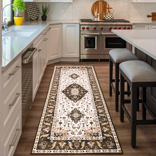 Amearea Vintage Design Runner Rugs for Living Room, 2x6 Machine Washable Floral Collection Traditional Bedroom Rug, Low Pile Cute Kids Room Print Carpet, No Slip Office Kitchen Home Decor, Brown - color: Brown, size: 2' X 6' (Runner)