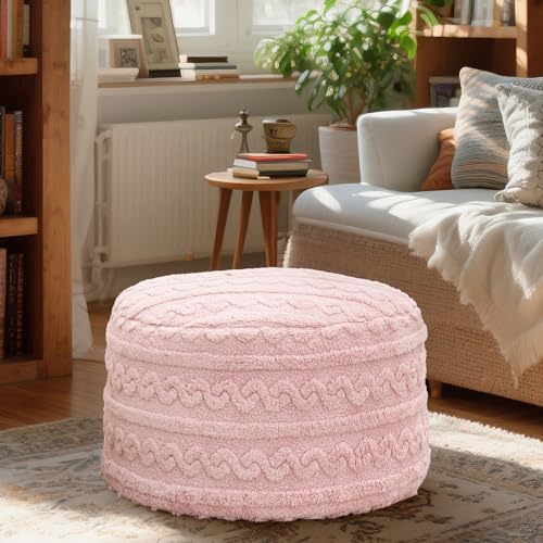 Round Plush Ottoman Pouf Stuffed– Fluffy Ottoman Foot Rest with Modern Foam Filler 20" x 14" Cozy Floor Pouf for Living Room & Bedroom - color: Pink