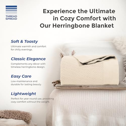 Organic GOTS Certified Cotton Blanket, Twin/Twin XL - 350 GSM, Antistatic, Fuzzy Soft, Lightweight, Sofa, Camping & Travel, All-Season Herringbone Throw, Ivory/Cream + Stylish Bonus Tote Bag - color: Herringbone - Ivory/Cream, size: Twin / Twin XL