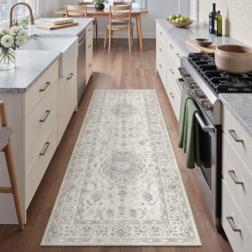 PureCozy 2x6 Runner Rug Gray Washable Vintage Hallway Kitchen Carpet Small Long Non Slip Soft Low Pile Thin Bedroom Retro Accent Throw Rug Laundry Dining Living Room Bathroom - color: Retro Gray, size: 2' x 6' (Runner)