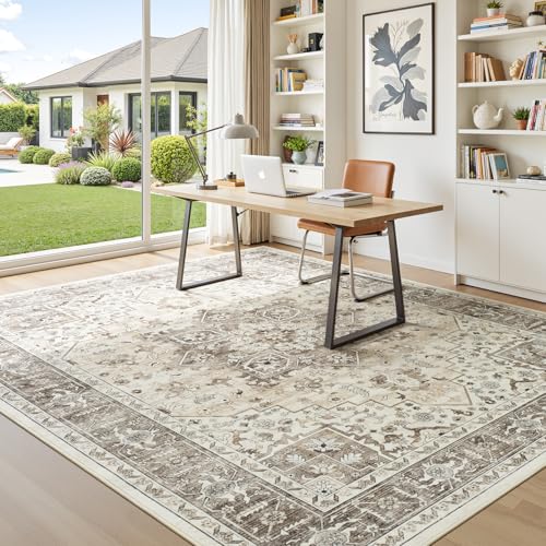 5x7 Neutral Camel Farmhouse Bedroom Rug - Vintage Traditional Oriental Brown Area Rugs for Living Room, Nursery Room, Washable Boho Distressed Floral Non-Slip Rug Low Pile Stain Resistant - color: Camel, size: 5' x 7' (Rectangular)