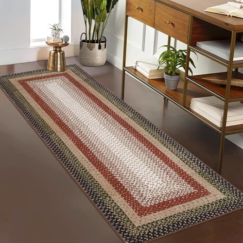 RUGSREAL Hallway Runner Rug 2x6 Braided Machine Washable Kitchen Rug Farmhouse Runner Carpet Non Slip Stain Resistant Rustic Carpet Modern Printed Area Rug for Living Room Bedroom, Crimson/Earthy - color: Crimson/Earthy, size: 2' x 6' (Runner)