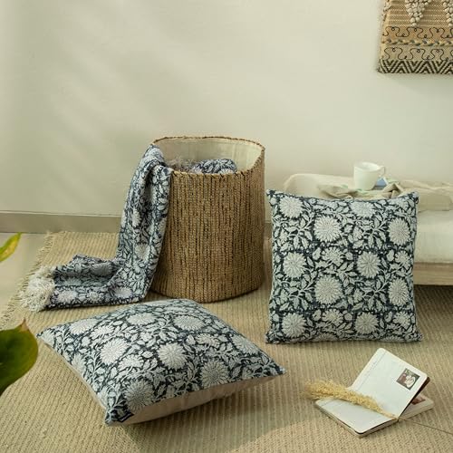 Handblock Printed Vintage Indian Cotton Decorative Throw Pillow Covers, Set of 2 (Midnight Blue, 18" x 18" (Pack of 2)) - color: Midnight Blue, size: 18" x 18" (Pack of 2)