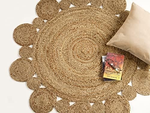 GRUHUM Handwoven 8ft Jute Area Rug Natural Fiber Round Boho Farmhouse Rustic Vintage Soft Braided Reversible Eco Friendly Rugs for Indoor Outdoor Kitchen Bedroom Living Room Hallways (8' ft Circle) - color: Natural- 08, size: 8' (Round)