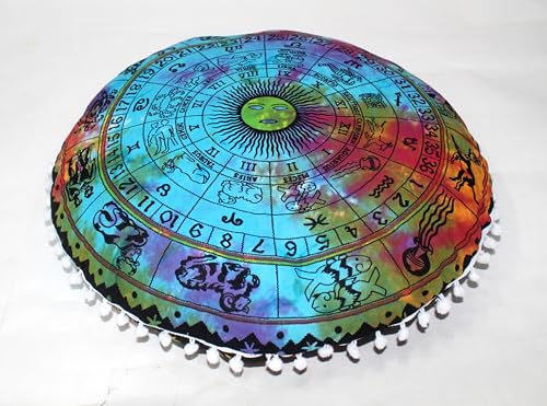 CRAFT KALA Boho Large Floor Pillow Pouf Cover Mandala Meditation Room Pillow Cover for Adults Round Bohemian Seating Pouf Cushion Cover for Kids Playroom 22" Multi Zodiac - color: Multi Color, size: 22" x 22" (Pack of 1)