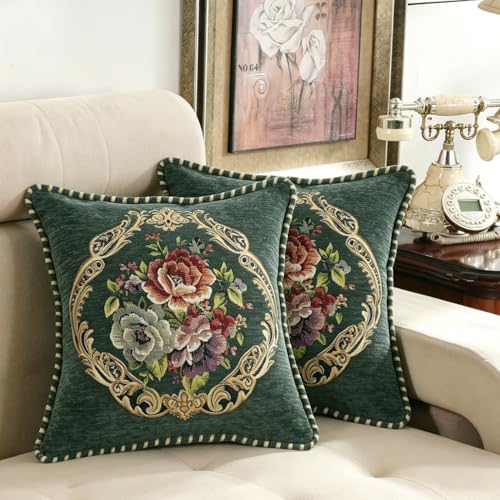 2Pcs 18x18 in Spring Green Vintage Embroidered Throw Pillow Covers for Sofa Couch,Green Cushion Headboard Pillow Euro Sham Covers for Living Room,Bedroom - color: Green