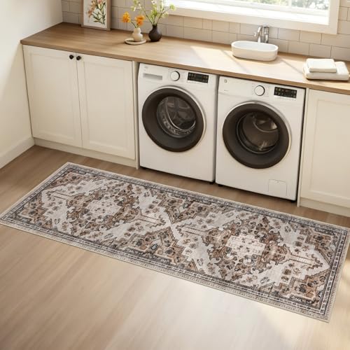 Joydeco Washable 2x5 Hallway Runner Rug Vintage, Blue Grey&Light Coffee | Water Resistant Low Pile Non Slip Backing for Kitchen Entryway Bedroom Bathroom Dining Room - color: Light Coffee, size: 2' x 5' (Rectangular)