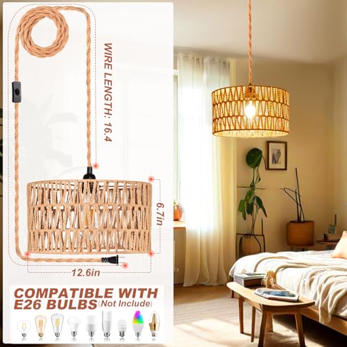 Plug in Pendant Light,Rattan Hanging Lights with Plug in Cord,Handmade Hanging Lamp Plug in,Rattan Light Fixtures Ceiling Hanging for Living Room Bedroom - size: 12.6 Inch-Barrel Shade