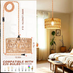 Plug in Pendant Light,Rattan Hanging Lights with Plug in Cord,Handmade Hanging Lamp Plug in,Rattan Light Fixtures Ceiling Hanging for Living Room Bedroom - size: 12.6 Inch-Barrel Shade