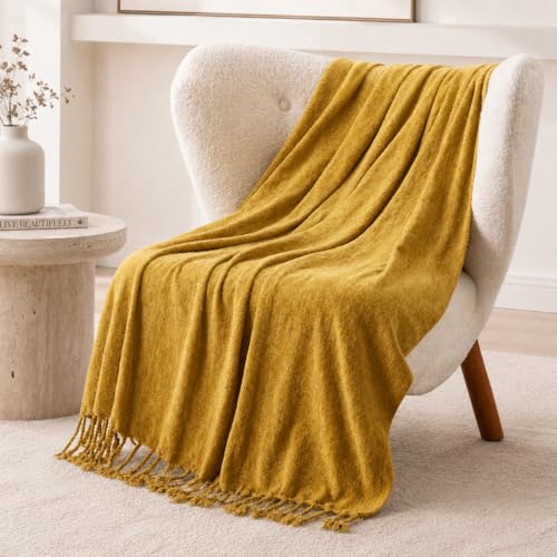BATTILO HOME Mustard Yellow Chenille Throw Blanket for Couch, Soft Cozy Textured Knit Throw Blanket with Handmade Fringe Tassels, Lightweight Decorative Farmhouse Blanket for Sofa Bed Chair, 50"x60" - color: Mustard