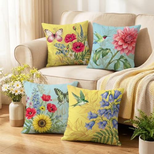 wyooxoo Spring Summer Pillow Covers 18x18 Set of 4 Decorative Throw Pillow Covers Linen Flower Butterfly Farmhouse Pillowcases for Sofa Couch Living Room Outdoor - color: Color B, size: 18" x 18" (Pack of 4)