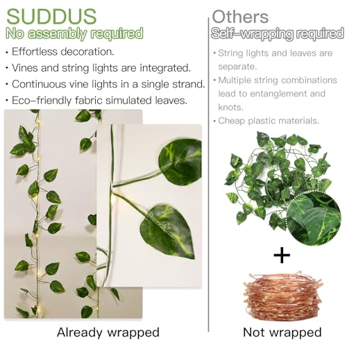 suddus Solar Fairy Lights, 33ft 100 Led Pothos Leaf Solar String Lights Outdoor Waterproof, 8 Modes Vines with Lights for Balcony, Deck, Patio, Garden, Fence,Wedding (Warm White) - color: Pothos, size: 33Ft*1pack