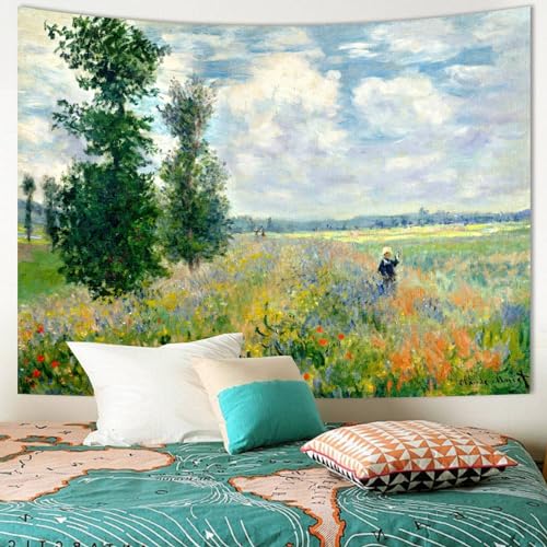 Monet Garden Art Poster Tapestry for Bedroom Aesthetic, Green Spring Garden Small Wall Tapestries, Nature Scenery Artwork Wall Hanging, Vintage Floral Tree Decor for Living Room Dorm (51inx60in) - color: Monet Garden Tapestry, size: 60"L x 51"W