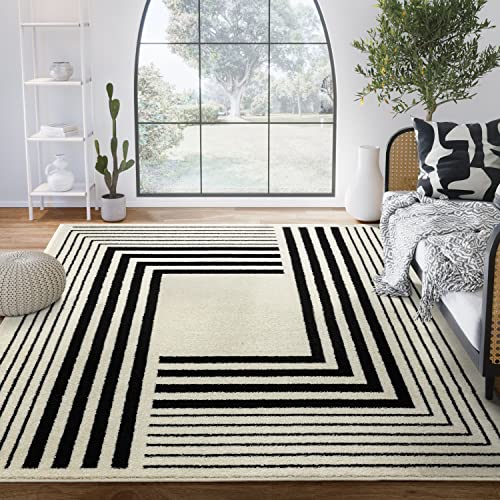 Abani Geometric Beige/Black Area Rug - 8'x10' - Modern 3D Lines Design - Deco Collection - Easy to Clean - Durable for High Traffic Areas -Living Room, Dining Room - Medium Pile - color: Geometric, size: 8' x 10' (Rectangular)