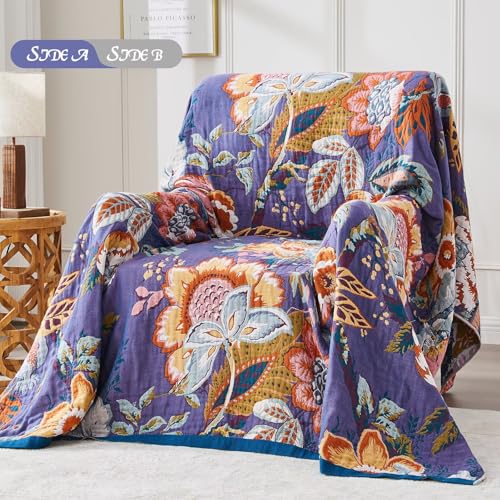 Boho Blanket Soft Muslin BohoThrow Blanket, 100% Cotton Floral Printed Farmhouse Decor All Season Reversible Rustic Throw for Sofa Couch Chair (Purple, 50"x60") - color: Purple, size: 50"x60"