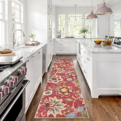 Beeiva Floral Washable Runners for Hallways Non Slip, 2x8 Red Long Hallway Runner Rugs with Rubber Backing, Ultra Thin Christmas Vintage Kitchen Rugs Non Skid for Entryway Bathoom (Red,2'x8') - color: Red, size: 2' x 8' (Rectangular)