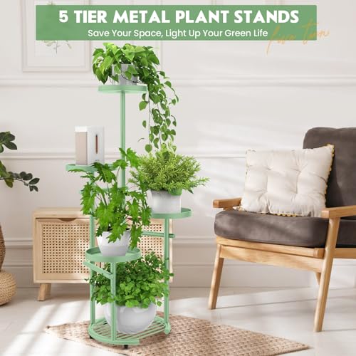 TOSKING 5 Tier Metal Plant Stand Indoor，Anti-Tip Round Base for Pots, Child & Pet Friendly,Plant Shelf, Corner Shelf Flower Pot Stand for Outdoor Plant Stand for Living Room Balcony Garden Patio Bedroom (Sage Green, 42in) - color: Sage Green, size: 5tier