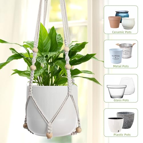 EWPJDK 3 PCS Macrame Plant Hanger Indoor Hanging Planter Basket with Wood Beads Plants Holder Decorative Flower Pot Holder (POTS NOT Included) (Ivory White)
