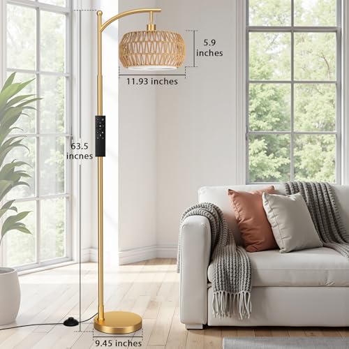 Ambimall Arc Floor Lamp for Living Room with Remote, Color Temperature & Brightness Adjustable, Bohemia Standing Lamp with Rattan & Fabric Double Drum Shades, Bulb Included(Gold) - color: Gold Bohemian