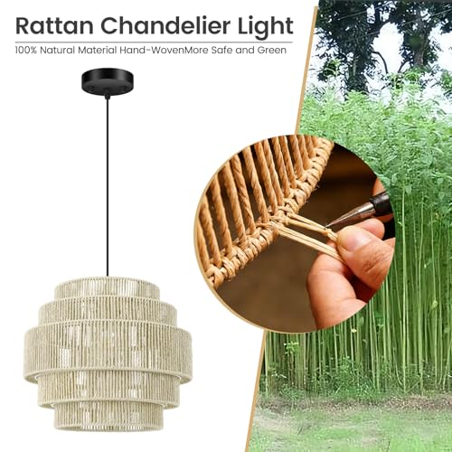 BoostArea Boho Rattan Chandelier Light,5-Tier Hand Woven Lampshade Ceiling Pendant Light Fixture,13'' Farmhouse Chandelier Hanging Light for Living Room,Kitchen Island,Bedroom,Adjustable Cord,Beige - color: Beige-1