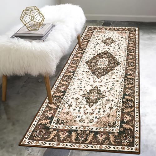 Amearea Vintage Design Runner Rugs for Living Room, 2x6 Machine Washable Floral Collection Traditional Bedroom Rug, Low Pile Cute Kids Room Print Carpet, No Slip Office Kitchen Home Decor, Brown - color: Brown, size: 2' X 6' (Runner)