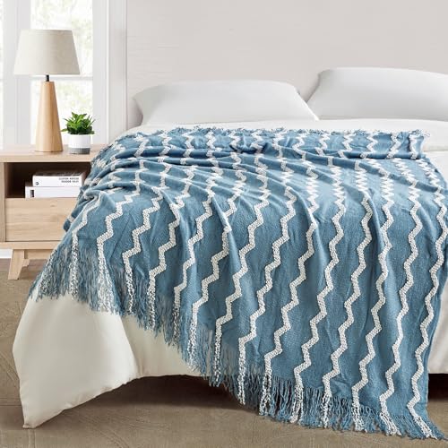 BOURINA Fluffy Chenille Knitted Fringe Throw Blanket Lightweight Soft Cozy for Bed Sofa Chair Throw Blankets, Blue 50" x 60" - color: A-blue, size: 50"×60"