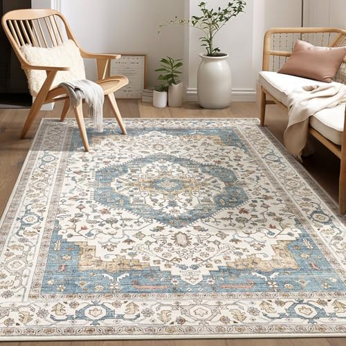 Area Rug for Living Room - 5x7 Soft Washable Oriental Vintage Floral Distressed Large Carpet - Fade Stain Resistant Non Slip Rugs for Bedroom Dining Room Nursery Dorm Office Home Decor - Blue/Beige - color: Blue/Beige, size: 5' x 7' (Rectangular)