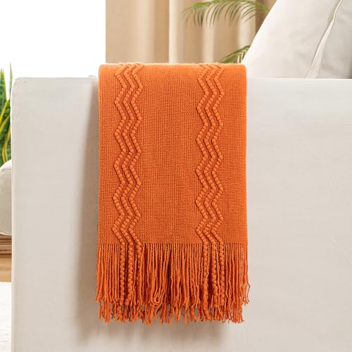 MIULEE Burnt Orange Knitted Throw Blanket for Couch Boho Textured Cozy Woven Blanket with Tassels for Sofa Chair Bed Living Room Fall Home Decor Farmhouse Acrylic Wave Pattern 50"x60" - color: Burnt Orange, size: 50" x 60"