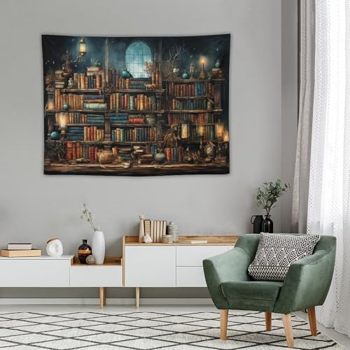 Retro Bookshelf Tapestry Vintage Library Wall Hanging Tapestries,Old Books on Shelf Classical Study Room Student Study College Dorm Bedroom Living Room 60"x40" - color: Bookshelf-3, size: W60xL40in