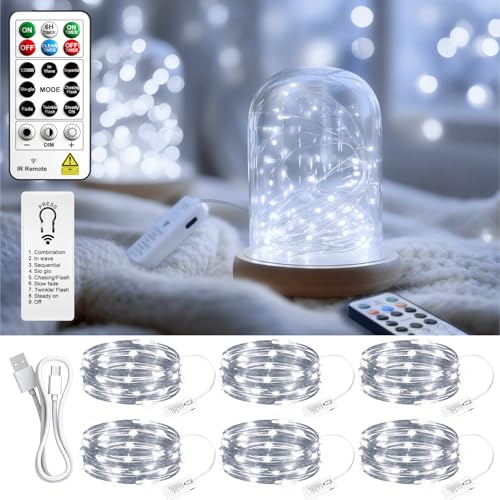 ZSJWL 6 Pack Rechargeable Fairy Lights with Remote & DIY Timer, 7Ft 20LED Mini Battery String Light, Twinkle Silver Copper Wire Lights for Wedding Party Bedroom Christmas Table Decoration (White) - color: White, size: 6 Pack – Rechargeable