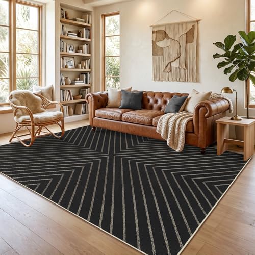 Garvee Easy Jute Rug 5x7 Rugs for Living Room, Striped Washable Non Slip Outdoor Patio Carpet, Farmhouse Indoor Area Rug Black Non Slip Carpet for Backyard Dining Room Deck 5'x7' - color: Striped|black, size: 5' x 7' (Rectangular)