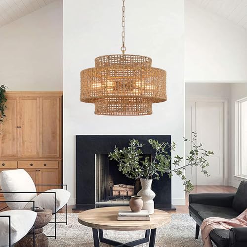 23.8" Large Rattan Chandelier Light Fixture, 6-Light Vintage Farmhouse Boho Light Fixture 3-Tier Drum Hand-Woven Wicker Gold Chandeliers for Dining Room, Kitchen, Living Room - color: Gold 23.8"