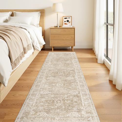 Madane Runner Rug 2x8 for Hallway, Kitchen Non-Slip Runner Rug with Rubber Backing, Vintage Soft Low Pile Throw Neutral Carpet Runner for Laundry Room Entryway Bathroom Bedroom (2 x 8, Beige/Brown) - color: Beige/Brown, size: 2' x 8' (Runner)