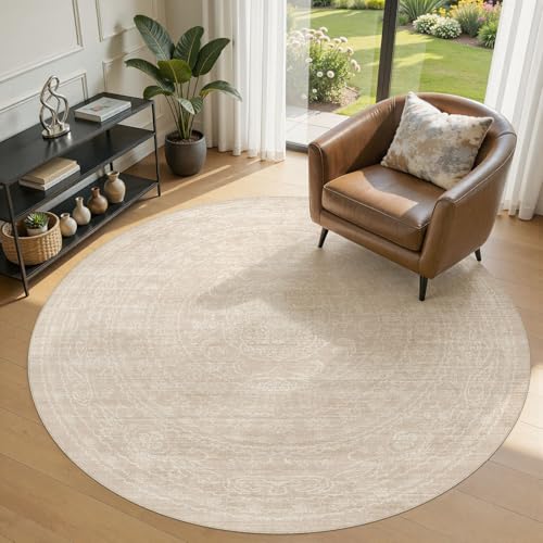 6ft Round Rug Living Room: Washable Large Vintage Neutral Area Rug Non-Slip Soft Stain Resistant Indoor Carpet for Bedroom Nursery Dining Room Under Table Bed Home House Office Playroom - Beige - color: Beige, size: 6' (Round)