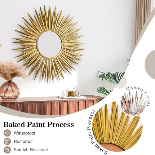 PERHOM Gold Sun Mirror, 30"x30" Large Sunburst Mirrorwith Metal Frame,Starburst Mirrors for Living Room, Entryway, Bedroom, Fireplace