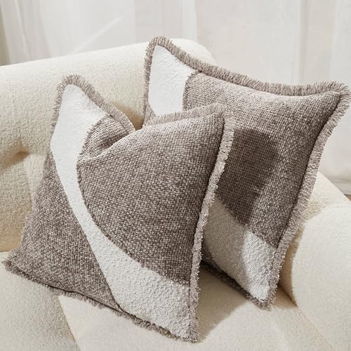 Decorative Boucle Fringe Throw Pillow Covers Set of 2, 18x18 Inch Design Couch Throw Pillows for Sofa Bed Living Room Decor (Khaki, 18"X18" (Pack of 2)) - color: Khaki