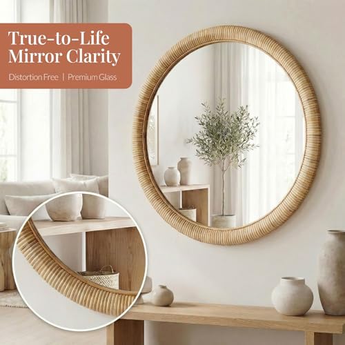 Barnyard Designs Rattan Wall Mirror, Round Farmhouse Boho Accent for Bathroom, Entryway or Bedroom, Handwoven Natural Honey Rattan Frame (25.5", Round) - size: 25.5"L x 25.5"W