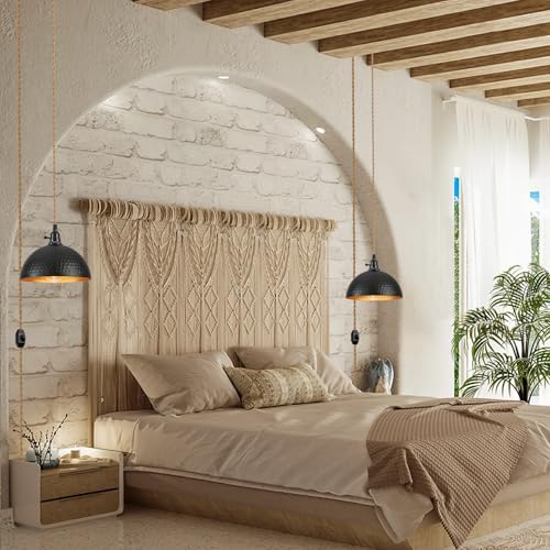 Plug in Pendant Lights Hammered Dome Hanging Lamp with Dimmable Switch 15 Ft Long Hemp Rope Farmhouse Pndant Light Cord Lighting Fixture DIY Hanging Light - color: C 1 Light
