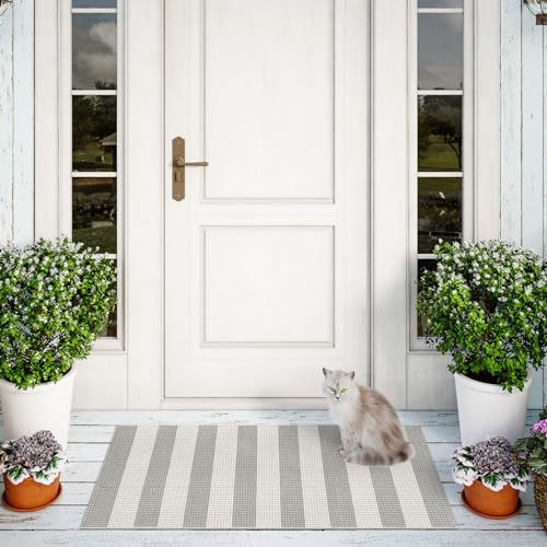 Grey and White Outdoor Runner Rug 2x4.3,Washable Reversible Welcome Door Mat,Cotton Hand Woven Front Porch Decor,Foldable Layered Doormat Indoor Outdoor Rugs for Entryway/Farmhouse - color: Grey, size: 2'x4.3'