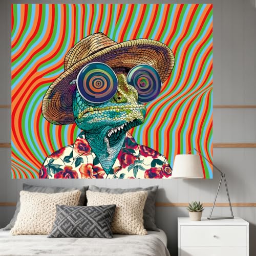 CRAFTYMELODY Chameleon Blacklight Tapestry Glow in the Dark Tapestry UV Reactive Cool Chameleon Wall Hanging 59×51 Inch with Hook Self Adhesive Sticker Clip for Bedroom Home Wall Decoration - color: Chameleon