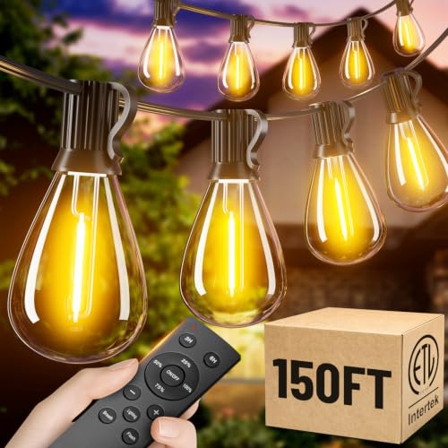 150FT Patio String Lights Outdoor, 55+2 LED Shatterproof Bulbs with Remote & Timer, 2700K Dimmable Waterproof Hanging Decor for Backyard, Garden, Porch, Balcony, Wedding Party Lighting - color: Warm White-2700K, size: 150FT+Remote