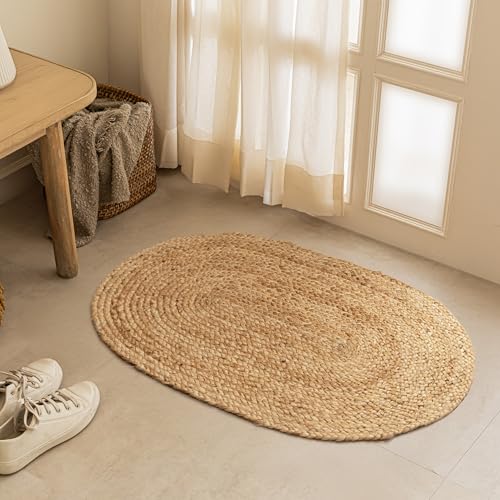 HOMEMONDE Reversible Oval Jute Area Rug - Hand Woven Natural Fiber - Farmhouse Braided Rugs for Entryway/Front Door/Porch/Meditation Mat/Home Decor (2.3 x 4 ft, Natural) - size: 2'4" x 4' (Oval)