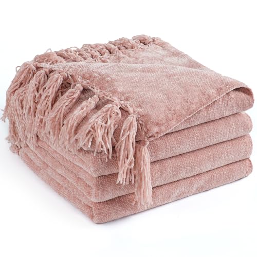 Chenille Throw Blanket for Couch 50"X 60", Soft Cozy Throws with Fringe Tassel for Bed Sofa Chair Cover, Lightweight Knitted Decorative Boho Blankets for Living Room, Dusty Pink - color: Dusty Pink, size: 50x60 inch