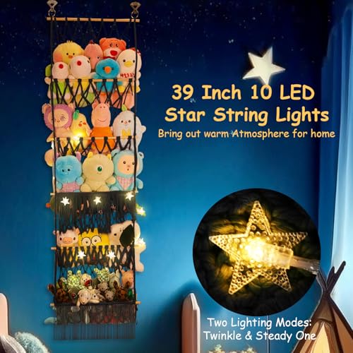5 Tier Stuffed Animal Storage Shelf Net, 17x61 Inch Large Plushie Net w/LED Light & Clips for Mini Medium Stuffy Teddy, Black Boho Macrame Wall Toy Holder Display for Nursery Kids Girls Boys - color: Black, size: Large-5 Tier-17x61 Inch