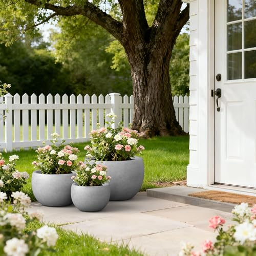 Kante 19.9",15.7",11.8" Dia Round Concrete Planter Set of 3, Outdoor/Indoor Large Bowl Plant Pots with Drainage Hole and Rubber Plug for Garden Patio Balcony Home, Natural Concrete - color: Natural Concrete, size: 19.9"D + 15.7"D + 11.8"D