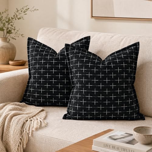 AVOIN colorlife Pack of 2 Decorative Throw Pillow Covers 18x18 Inch, Flange Edges Woven Textured Cushion Case Home Decor for Couch Sofa Bed Living Room Black - color: Black, size: 18" x 18" (Pack of 2)